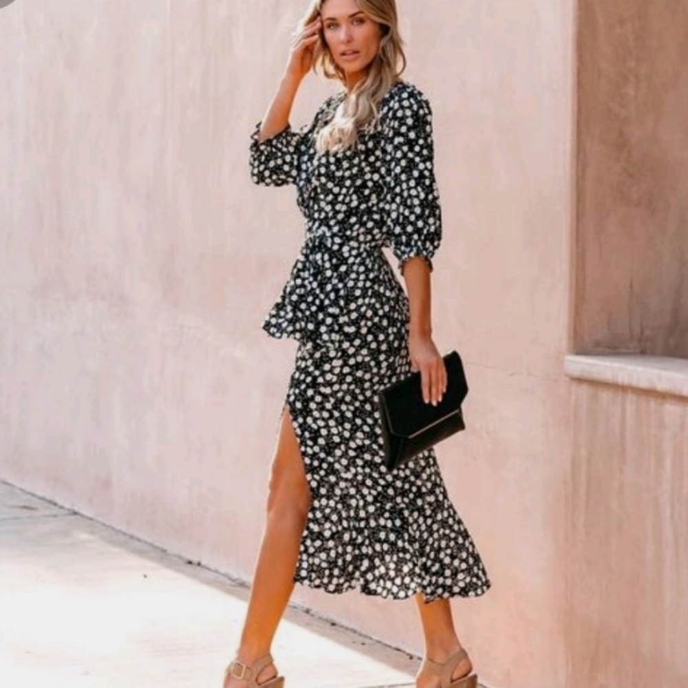 Vici Daisy Print Floral Midi Slit Dress XS